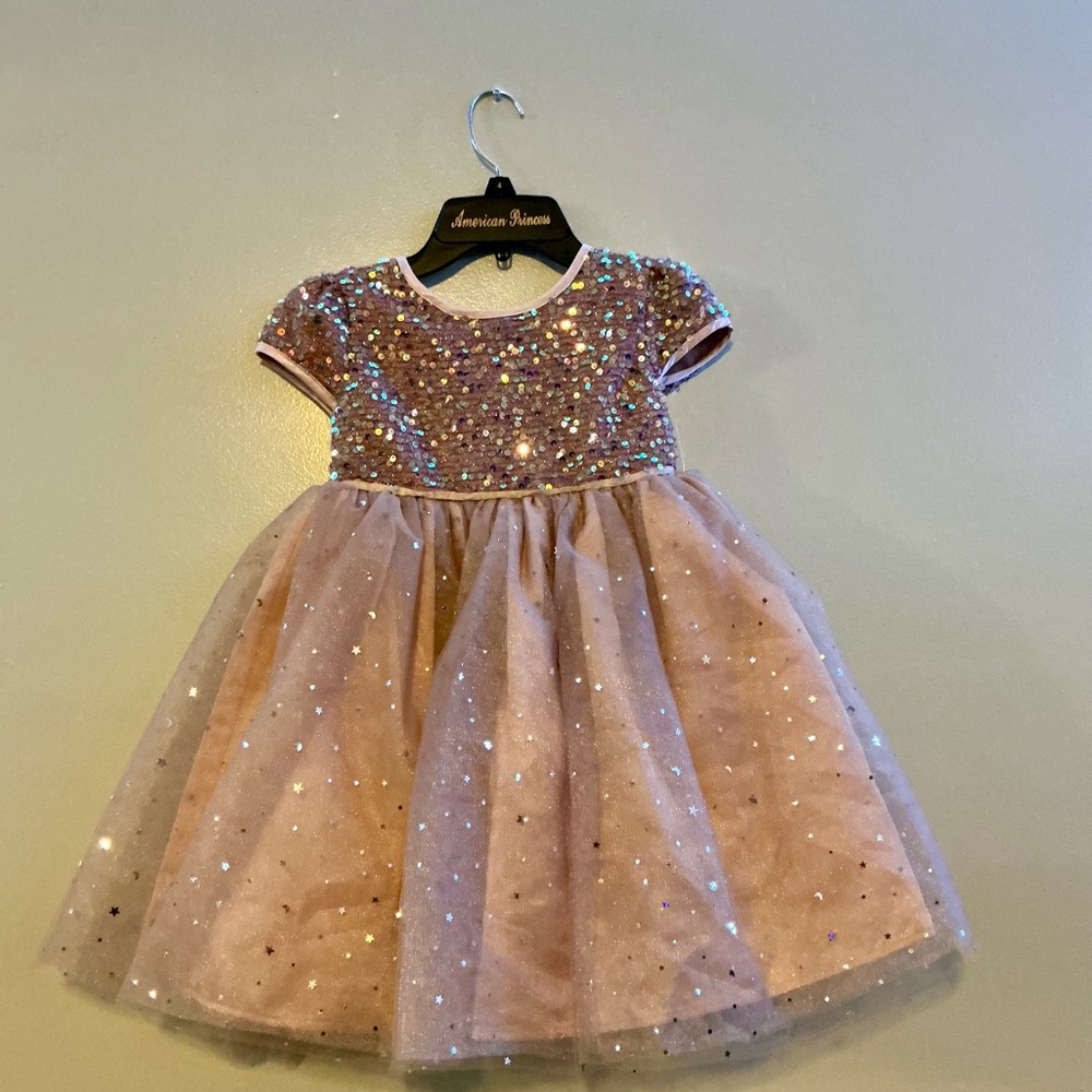 NEW Blueberri Boulevard Pink Star Sequin Tulle Knee Length  Dress Bow Girls 5T